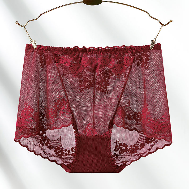 安卡拉红中腰蕾丝内裤女纯棉底档无痕大码网纱透明迷人胖mm三角