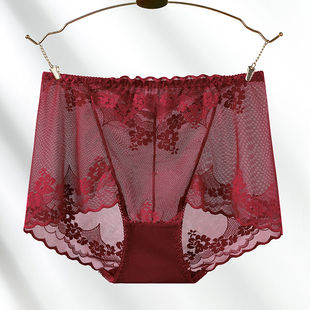 安卡拉红中腰蕾丝内裤女纯棉底档无痕大码网纱透明迷人胖mm三角