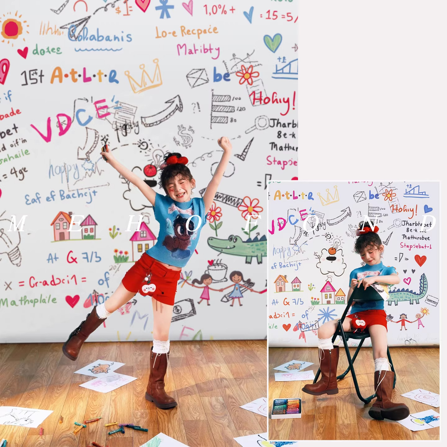 趣味涂鸦背景布卡通简笔画儿童童趣鬼马少女写真室内摄影棚影楼布