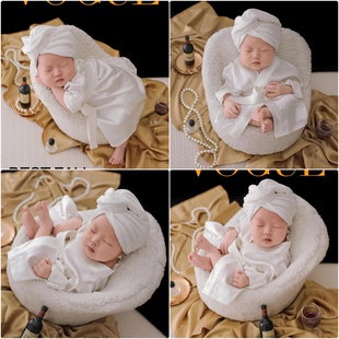 儿童摄影服装夏天男女孩白色睡袍宝宝满月百天周岁照拍照睡衣服装