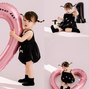 黑色礼服儿童摄影服装影楼黑色周岁主题套装1岁女宝气球道具写真