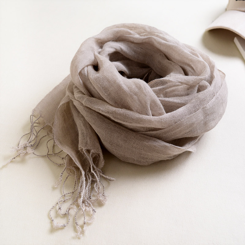 春秋文艺百搭亚麻围巾女素色原麻流苏长款小尺寸装饰棉麻丝巾披肩