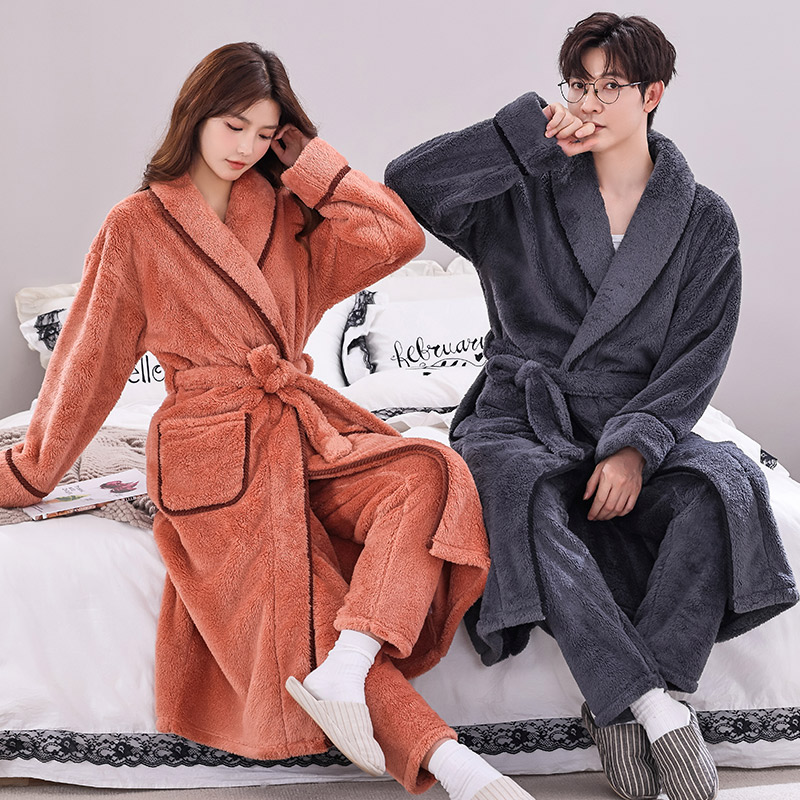 珊瑚绒睡袍女冬季加厚保暖睡衣男士大码法兰绒长款情侣浴袍秋冬款