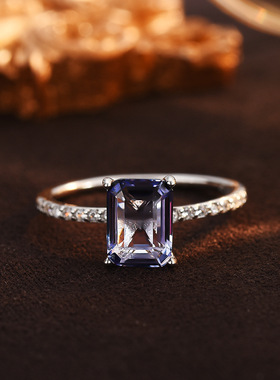 新款925纯银轻奢彩色石长方形四爪戒指女高级感品质珠宝厂家直销