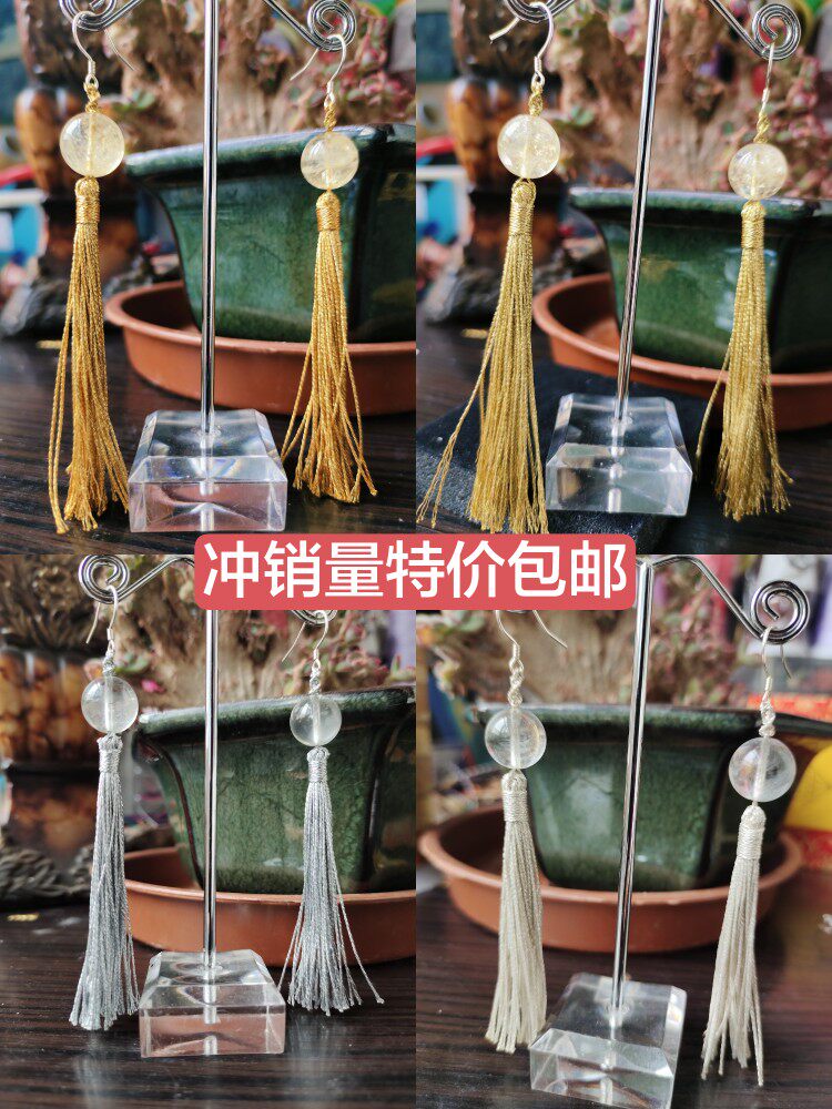 S925银耳环耳饰耳吊古风流苏天然水晶黄水晶白水晶时尚特价包邮