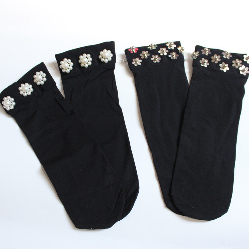 黑色天鹅绒满天星钉钻水晶闪亮奢华重工高级钉珠珍珠网眼短袜子女,女士内衣/男士内衣/家居服,短袜,淘宝优惠券,粉丝福利购,淘宝优惠卷