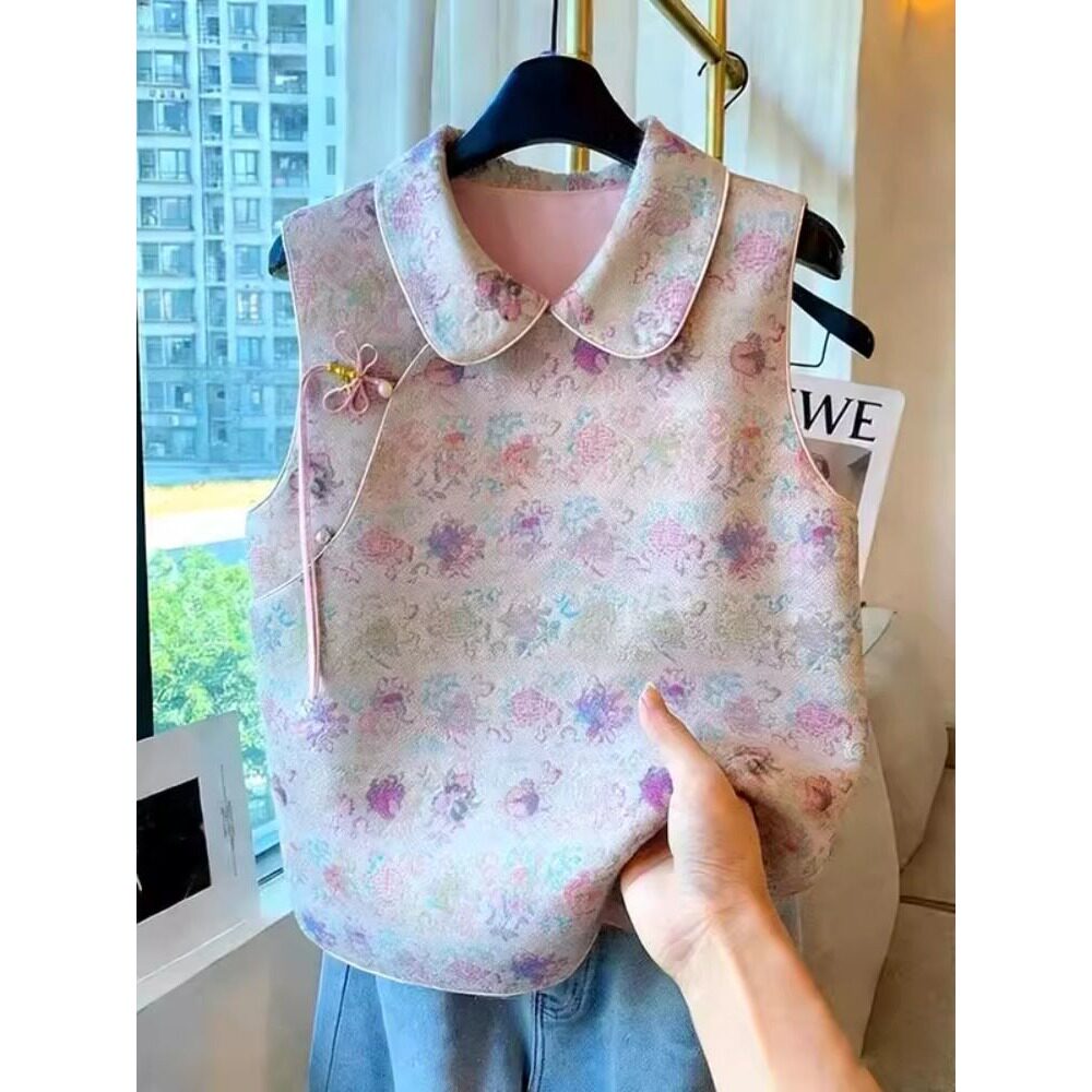 甜美新中式娃娃领花卉马甲女秋