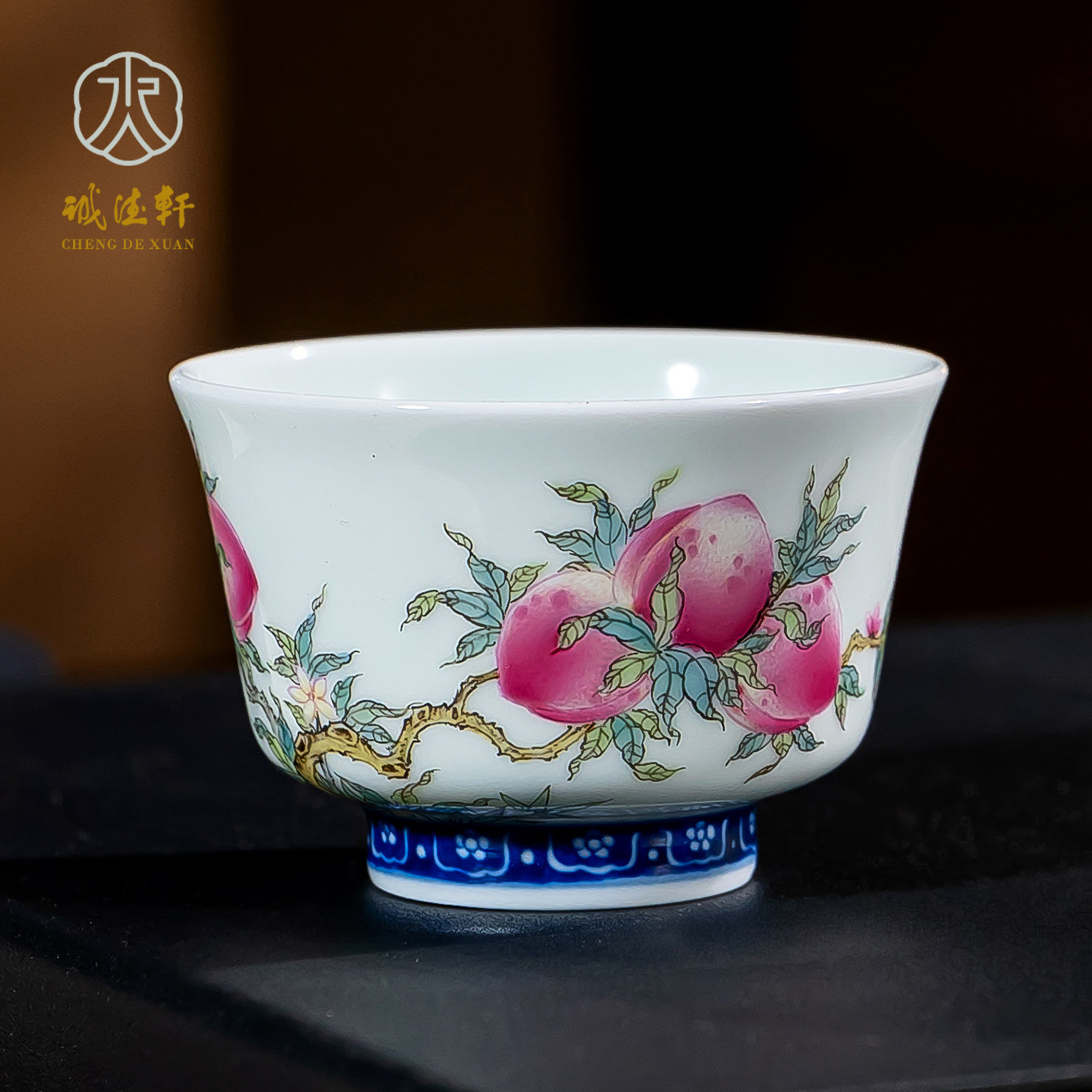 诚德轩手绘主人杯品茗陶瓷单杯斗彩寿桃纹高档茶具景德镇功夫茶杯