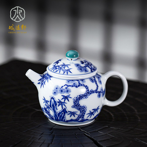 诚德轩青花陶瓷岁寒三友茶壶