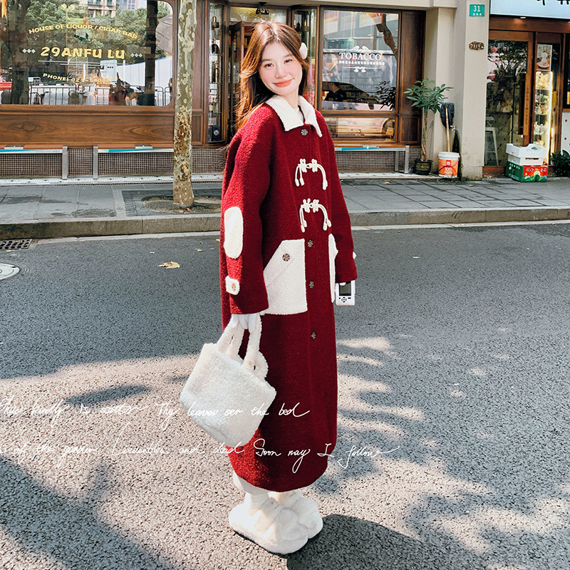 别致独特红色盘扣呢大衣女冬季2025新款复古气质高级长款毛呢外套,女装毛呢外套,2C018