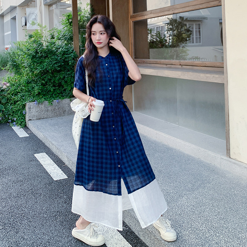 韩系格子拼接连衣裙女2025夏季新款时尚气质设计感藏青色衬衫长裙图片