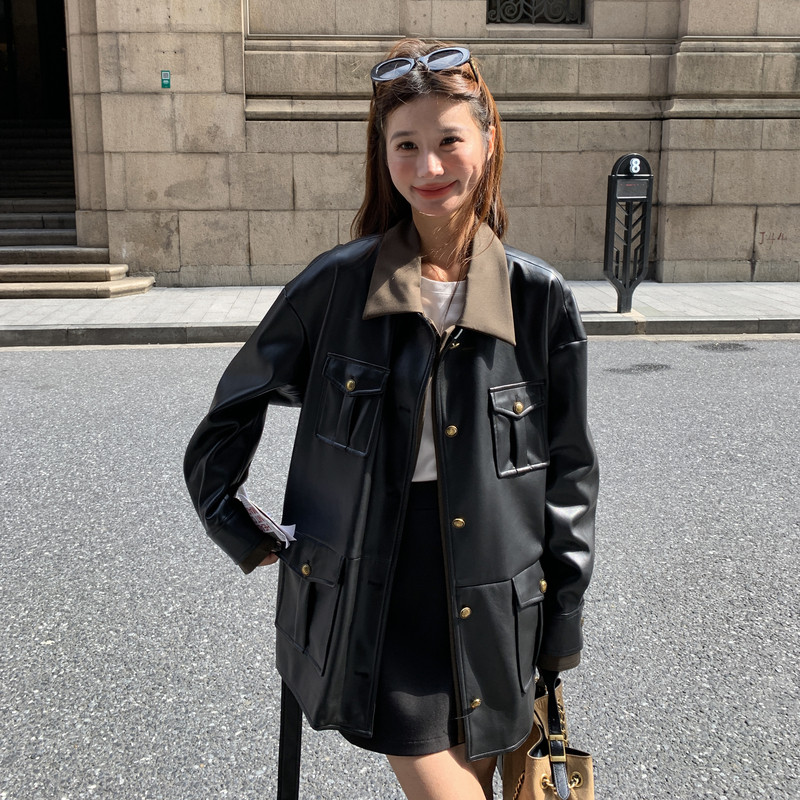 黑色复古设计感轻熟风PU皮外套女2025秋季盐系时髦翻领拼接上衣潮,女装皮衣,2C018