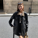 黑色复古设计感轻熟风PU皮外套女2025秋季盐系时髦翻领拼接上衣潮，女装皮衣，2C018