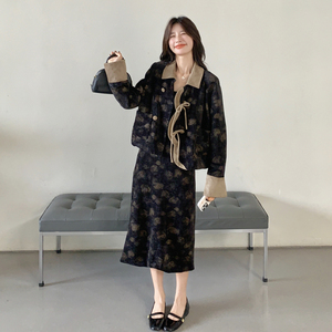 新中式国风优雅气质套装女2025早秋新款撞色印花外套半身裙两件套图片