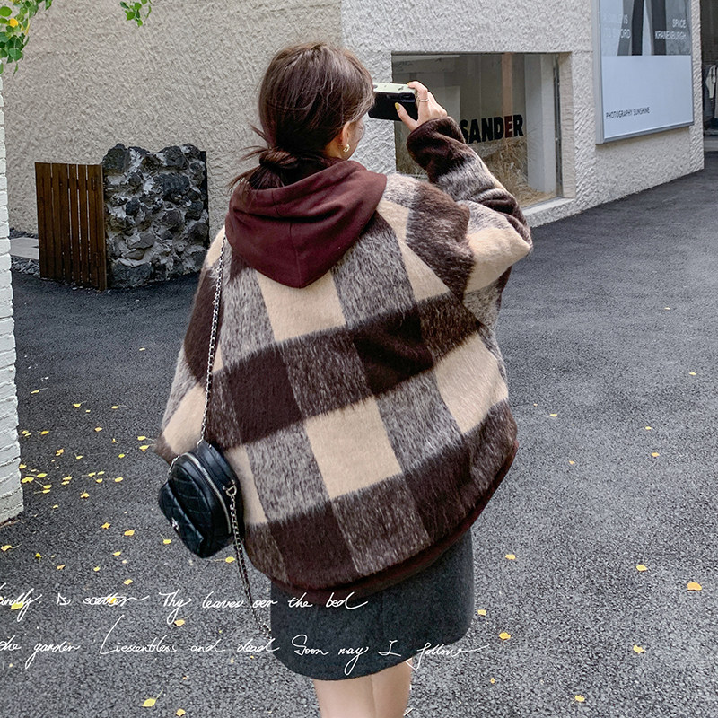设计感格纹连帽羽绒服女2025冬季新款复古宽松保暖小个子毛呢外套,女装羽绒服,2C018