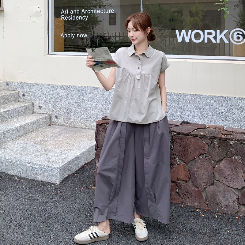 休闲松弛通勤风工装百搭淡人两件套女2025夏季翻领上衣阔腿裤套装,女装套装/套裙,2C018