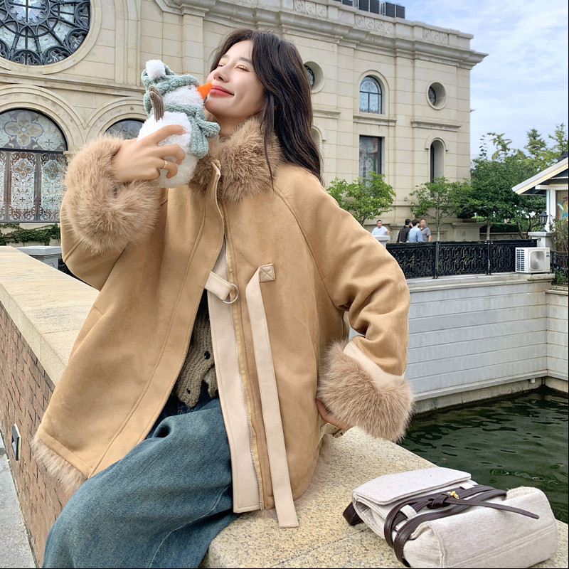 小个子加厚羊羔毛外套女冬季新款高级感麂皮绒棉服皮毛一体机车服,女装棉衣/棉服,2C018