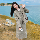 灰色小香风毛呢套装裙女2025秋冬季新款轻奢高级感气质穿搭两件套，女装套装/套裙，2C018