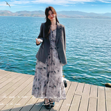 法式复古碎花吊带连衣裙套装女2025春季新款气质高级感西装两件套，女装套装/套裙，2C018
