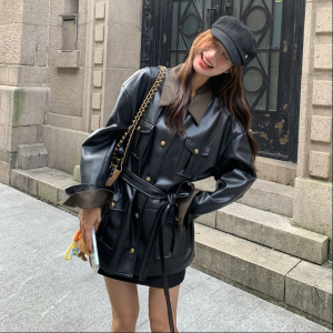 黑色复古设计感轻熟风PU皮外套女2025秋季盐系时髦翻领拼接上衣潮图片
