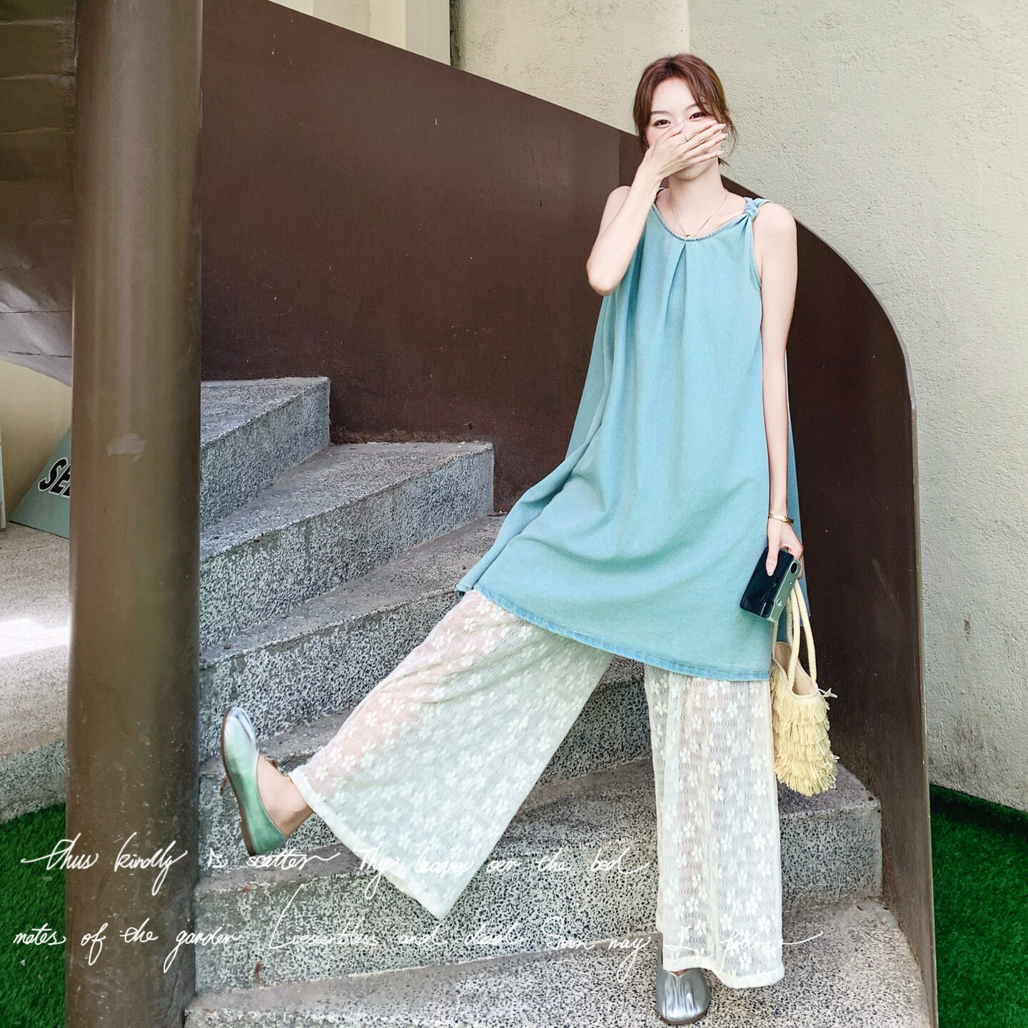 蓝色吊带连衣裙套装女2025年夏季新款休闲松弛感蕾丝阔腿裤两件套,女装套装/套裙,2C018