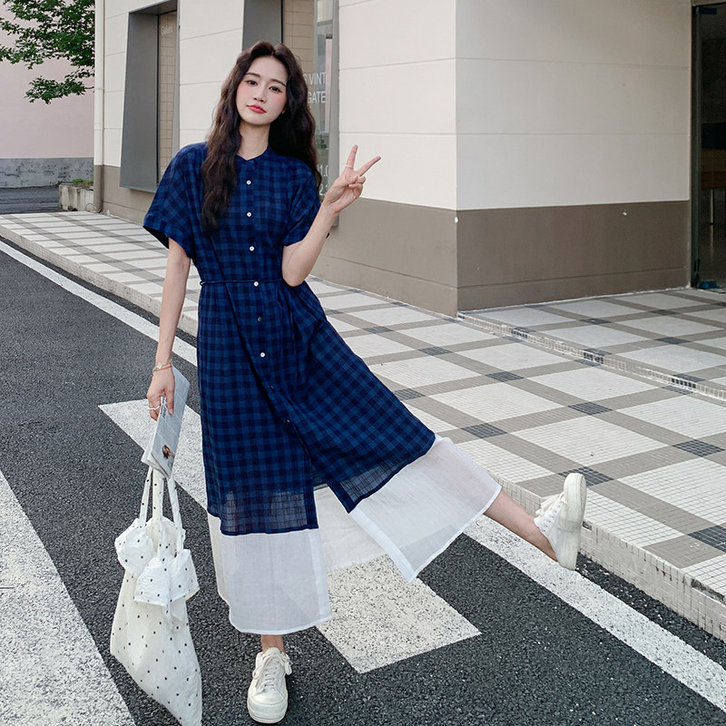 韩系格子拼接连衣裙女2025夏季新款时尚气质设计感藏青色衬衫长裙,女装连衣裙,2C018