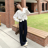法式气质设计感v领衬衫套装女2025春秋季新款显瘦牛仔长裤两件套，女装套装/套裙，2C018