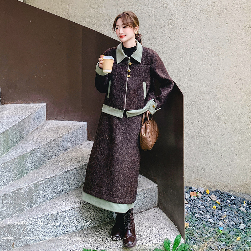 法式小香风套装裙女2025春季新款复古气质假两件上衣半身裙两件套,女装套装/套裙,2C018