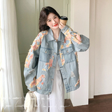 早秋季新款美式减龄时尚显瘦粉色烧花蕾丝牛仔外套女情侣潮牌复古，女装短外套，2C018