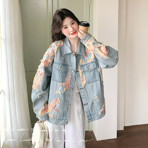 早秋季新款美式减龄时尚显瘦粉色烧花蕾丝牛仔外套女情侣潮牌复古图片