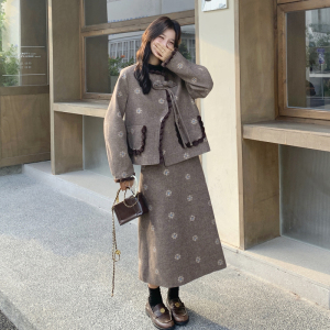 小香风碎花咖色毛呢外套半身裙套装女秋冬高级感气质小个子两件套图片