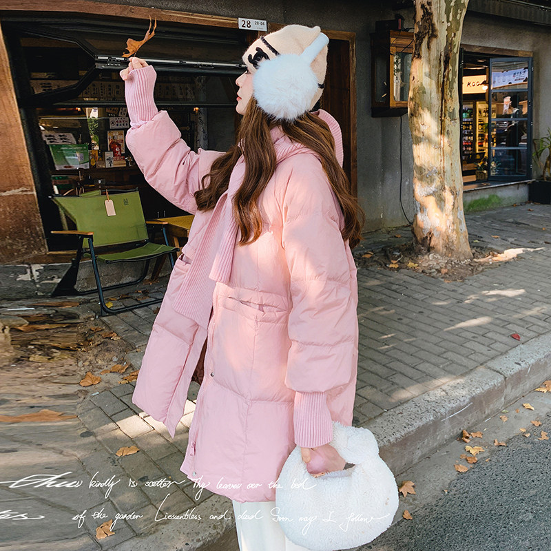 粉色韩系通勤保暖羽绒服女中长款2024冬季新款时尚设计感白鸭绒服,女装羽绒服,2C018