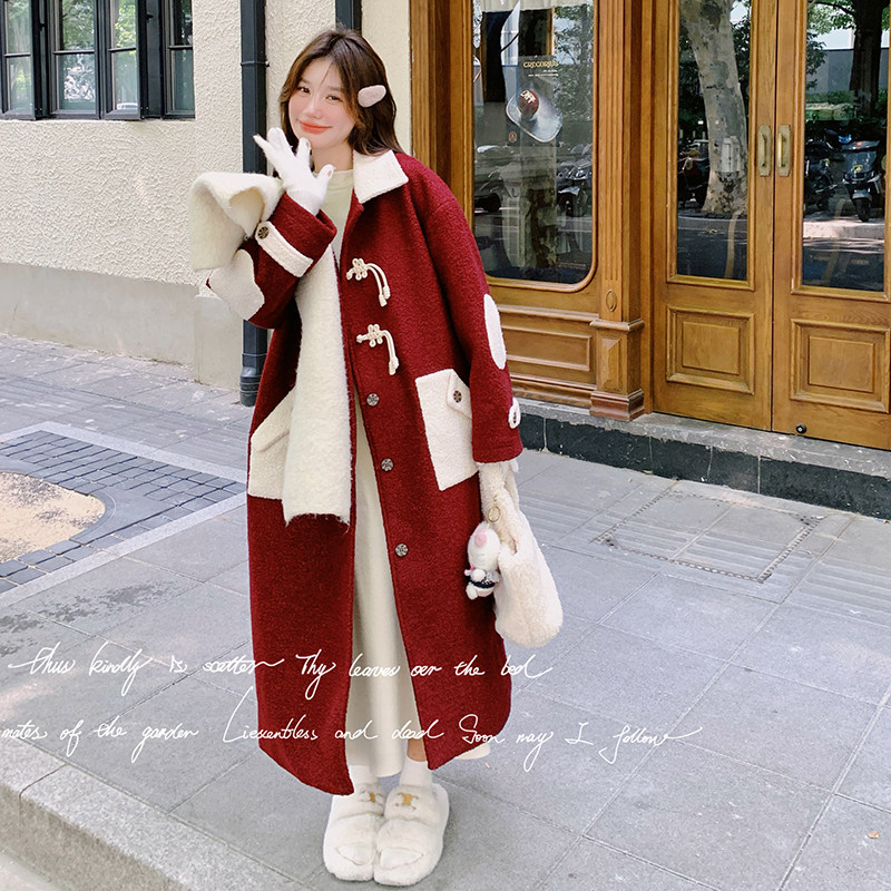 别致独特红色盘扣呢大衣女冬季2025新款复古气质高级长款毛呢外套,女装毛呢外套,2C018