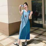 设计感牛仔拼色无袖背心连衣裙女夏2025新款海边度假韩系爆款长裙，女装连衣裙，2C018