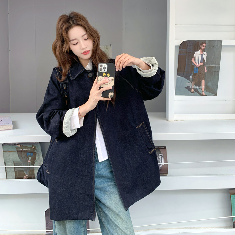高级小众复古美式牛仔外套女春秋2025新款超火好看中长款夹克上衣,女装风衣,2C018