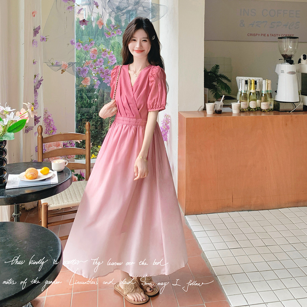 法式浪漫粉色渐变连衣裙女2025夏季新款高级感超好看气质绝美长裙,女装连衣裙,2C018