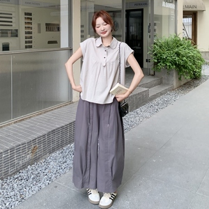 休闲松弛通勤风工装百搭淡人两件套女2025夏季翻领上衣阔腿裤套装图片