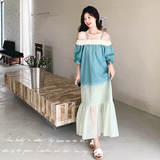 蓝色渐变一字肩吊带连衣裙女2025夏季新款法式超好看海边度假长裙，女装连衣裙，2C018