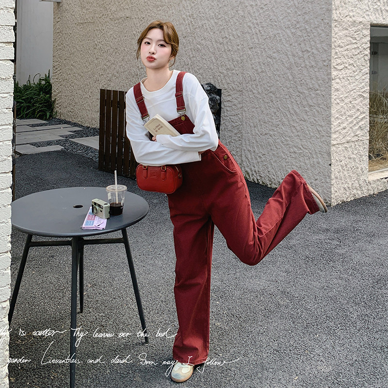 美式复古红色工装牛仔背带裤女春季新款小个子直筒宽松洋气减龄,女装牛仔裤,2C018