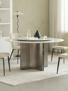 轻奢简约不锈钢客厅家用小户型简易高端带转盘圆桌 大理石餐桌意式