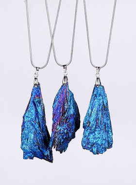 天然水晶电镀黑碧玺吊坠项链 电气石原石矿标蓝孔雀羽毛饰品批发