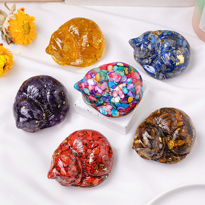 跨境天然水晶碎石滴胶睡猫摆件水晶滴胶小猫办公室家居客厅