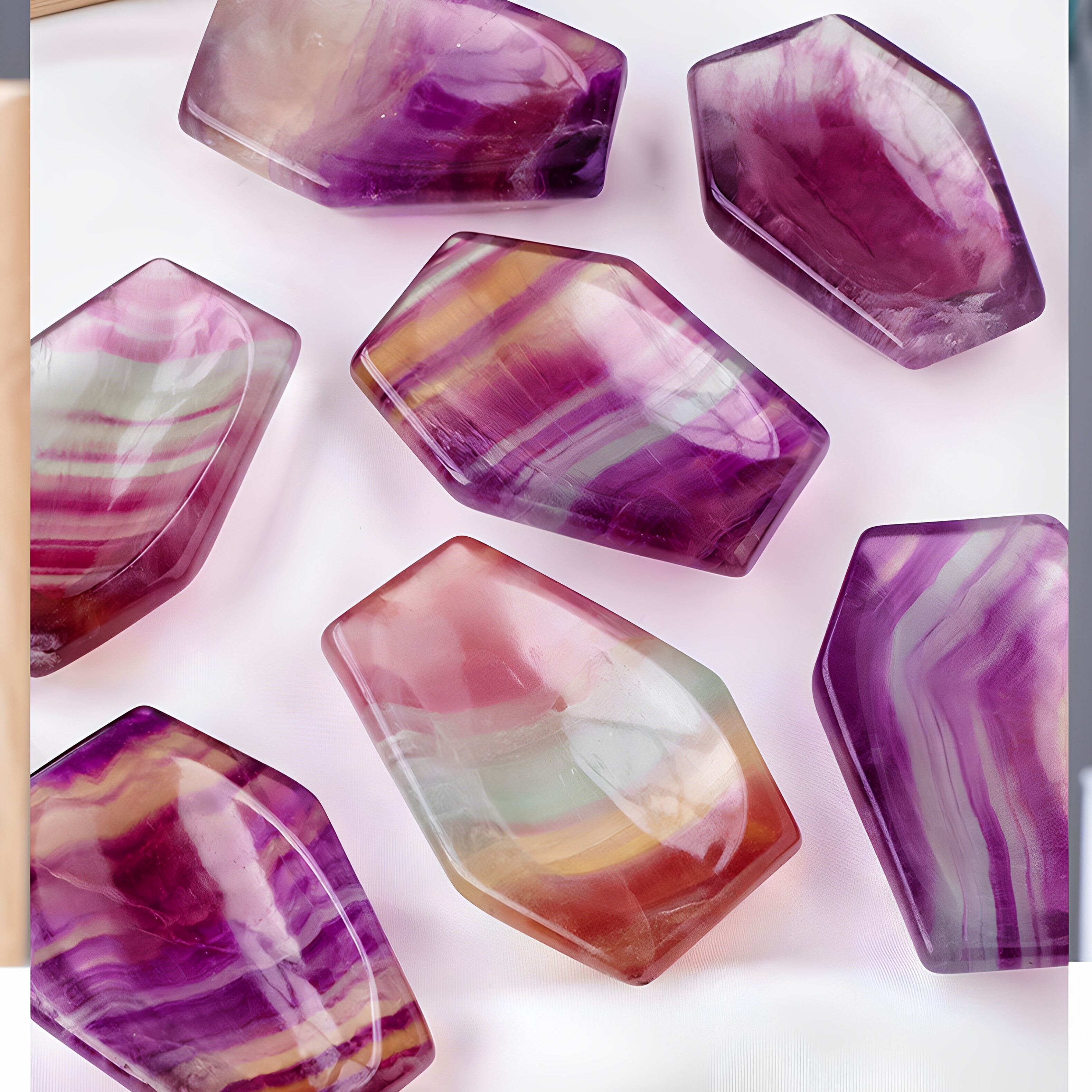 天然水晶七彩萤石棺材碗雕刻件把玩 紫萤石原石打磨家居装饰摆件