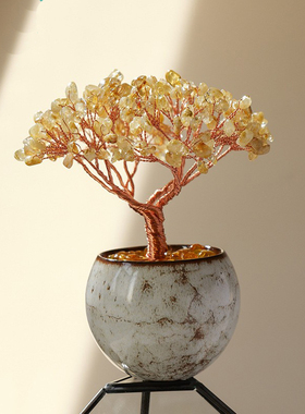 天然水晶碎石聚宝盆水晶树陶瓷底座黄水晶发财树客厅玄关招财