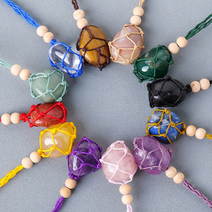 天然水晶滚石网兜吊坠 紫粉水晶民族风项链 手工编织绳毛衣链