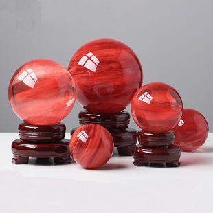 天然红色熔炼水晶球摆件鸿运当头家居玄关办公室客厅装饰开业