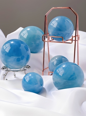 天然海蓝宝水晶球原石打磨净化消磁球把玩球家居办公桌面装饰