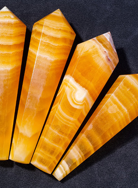 天然水晶黄方解石灵摆水晶柱 原石打磨锥形六棱单尖柱权杖摆件