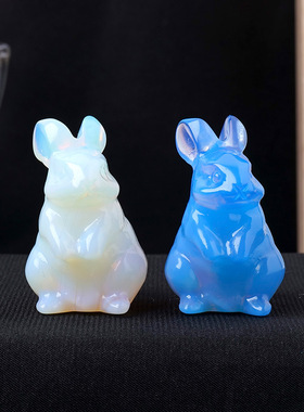 天然水晶原石蛋白石兔子圣诞老人Kitty猫雕刻件复活节日礼物摆件