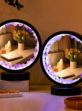 跨境天然水晶牙花簇镜子灯亚克力圆形灯卧室化妆镜家用补光镜